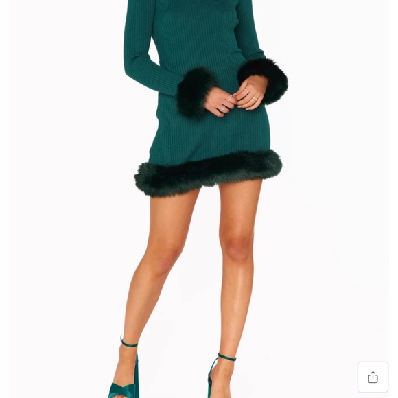 Show Me Your MuMu Green Ribbed Mini Dress with Faux Fur Trim - Picture 2 of 4